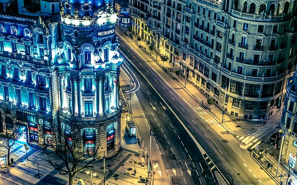 Gran Vía in central Madrid illuminated at night