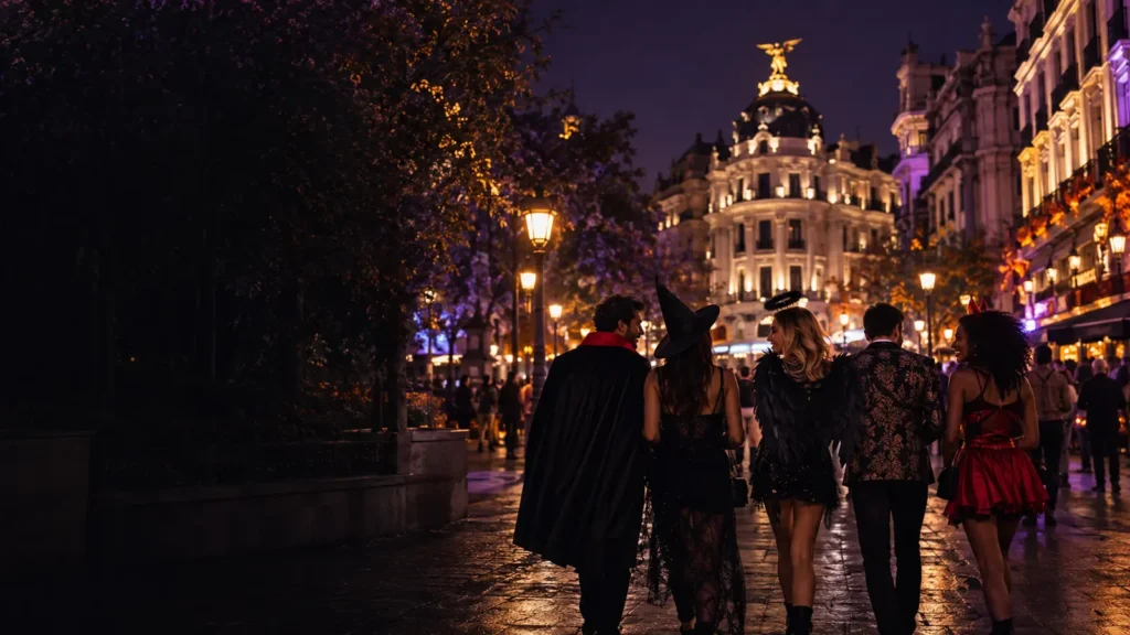 Adult international travellers in Halloween costumes walking through central Madrid at night